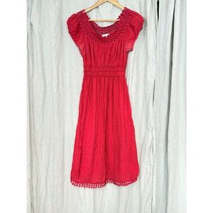 Sophie Max Red Textured Gauze Crochet Trim Smocked Waist Midi Dress Womens S